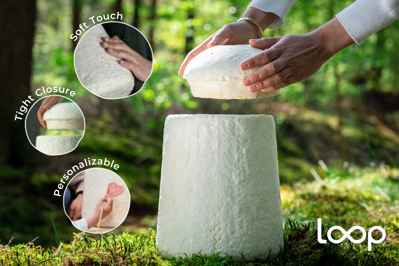 Loop EarthRise biodegradable urn made from natural mycelium by Loop Biotech, distributed by Victoriaville & Co.